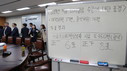 지난 14일 오전 정부세종청사 고용노동부에서 열린 최저임금위원회 전원회의에서 내년도 최저임금이 확정돼 공익위원들이 투표를 마친 뒤 회의장을 나서고 있다. <연합뉴스>